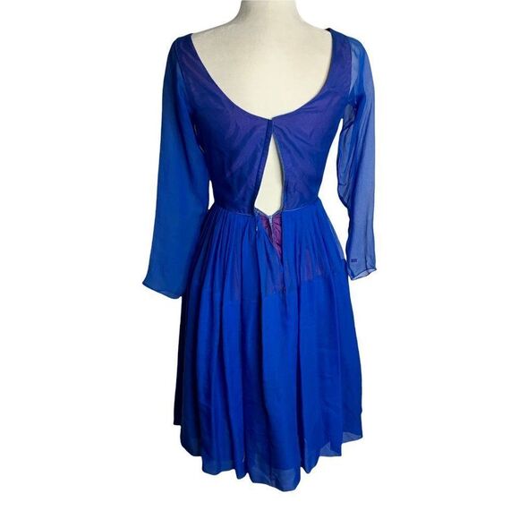 Vintage 50s Chiffon Swing Dress S Blue Long Sleeve Draped Waist Pleated TLC - Picture 7 of 10